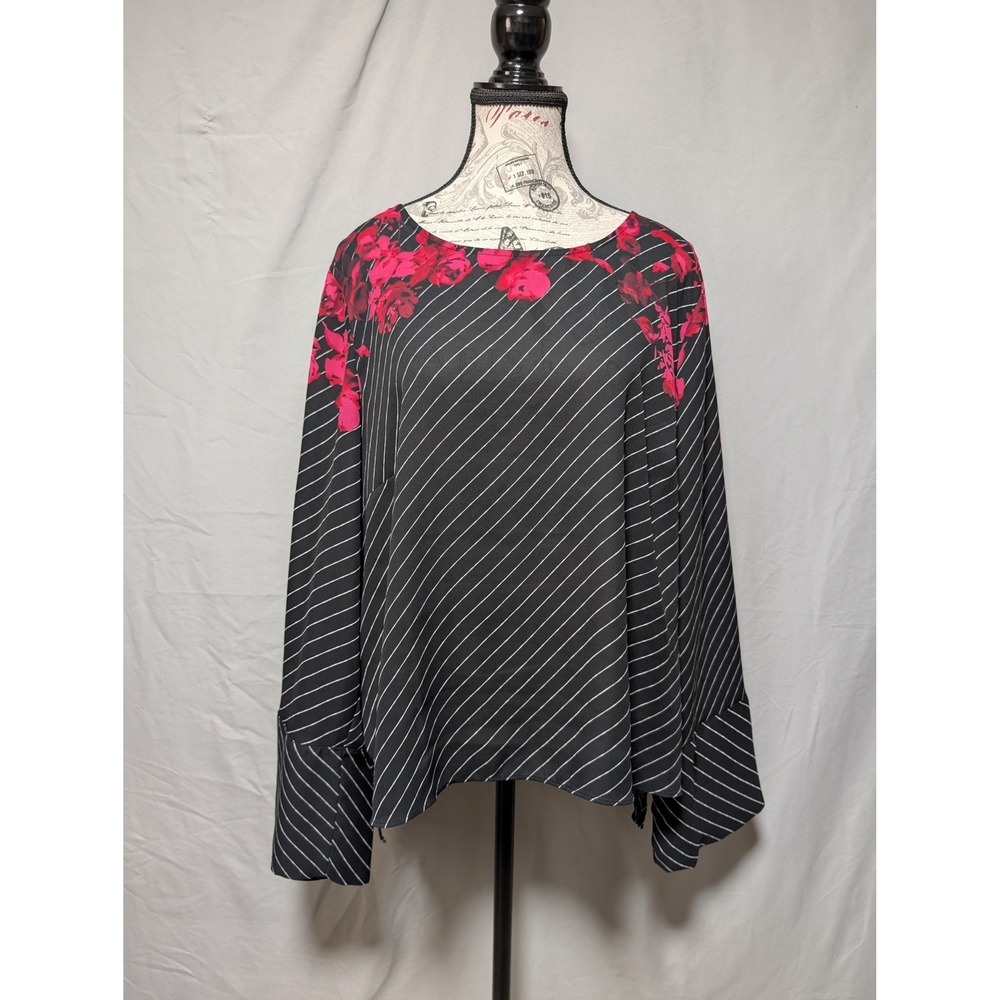 Apt. 9 Black Pinstripe Pink Red Floral Bell Long Sleeve Sheer‎ Blouse Women's XL